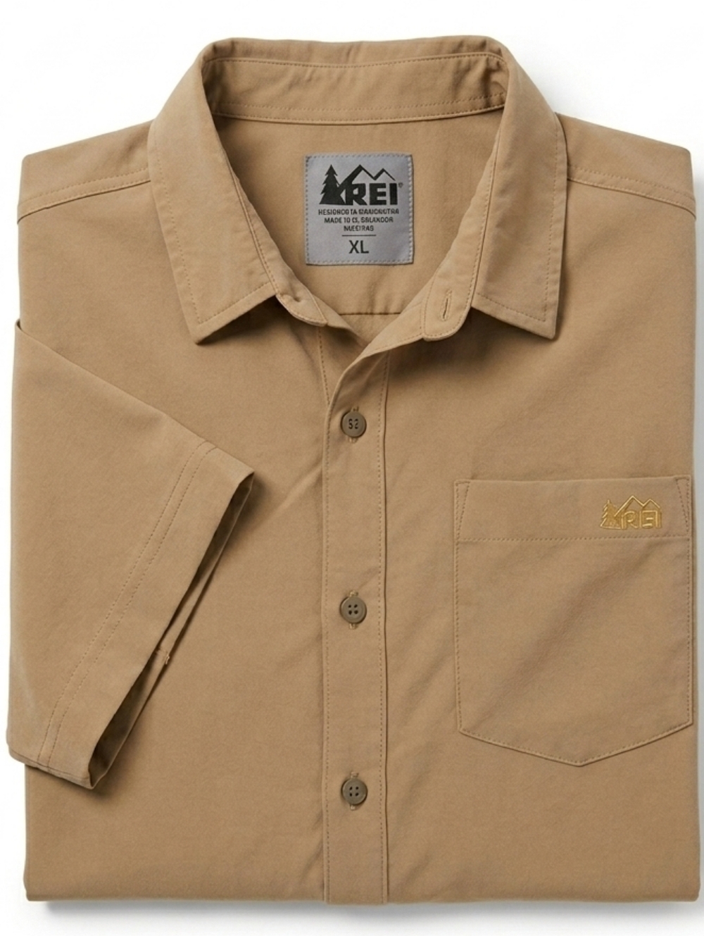 REI Men's Short Sleeve Button-Up Shirt, Khaki, Casual Outdoor Gear, Hiking Shirt